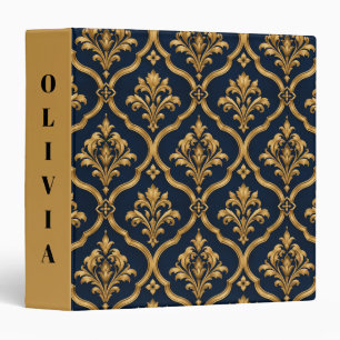 Elegant Gold and Navy Damask Vintage Motif Design 3 Ring Binder