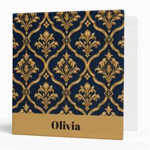 Elegant Gold and Navy Damask Vintage Motif Design 3 Ring Binder