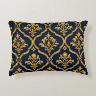 Elegant Gold and Navy Damask Vintage Motif Design Accent Pillow