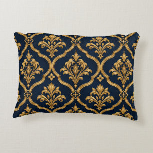 Elegant Gold and Navy Damask Vintage Motif Design Accent Pillow