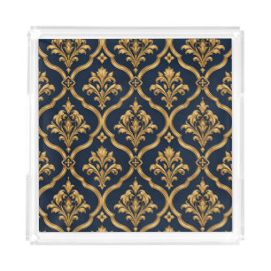 Elegant Gold and Navy Damask Vintage Motif Design Acrylic Tray
