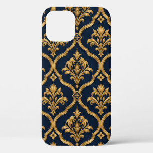 Elegant Gold and Navy Damask Vintage Motif Design iPhone 12 Case