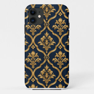 Elegant Gold and Navy Damask Vintage Motif Design iPhone 11 Case
