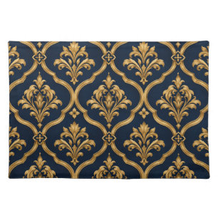 Elegant Gold and Navy Damask Vintage Motif Design Cloth Placemat