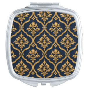 Elegant Gold and Navy Damask Vintage Motif Design Compact Mirror