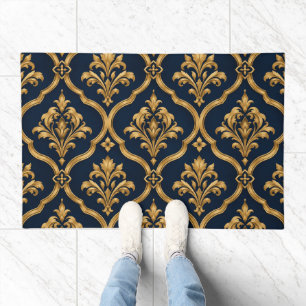 Elegant Gold and Navy Damask Vintage Motif Design Doormat
