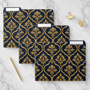 Elegant Gold and Navy Damask Vintage Motif Design File Folder