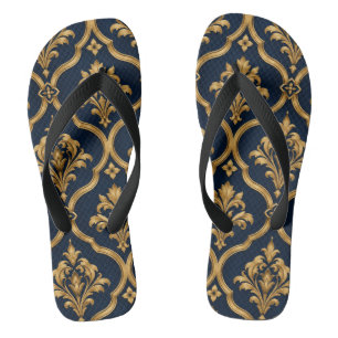Elegant Gold and Navy Damask Vintage Motif Design Flip Flops
