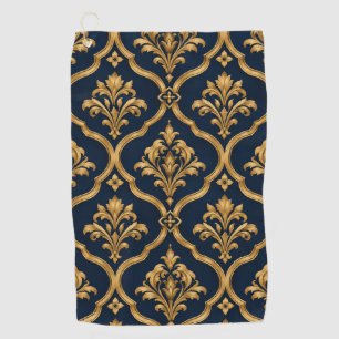 Elegant Gold and Navy Damask Vintage Motif Design Golf Towel