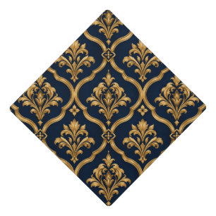 Elegant Gold and Navy Damask Vintage Motif Design Graduation Cap Topper