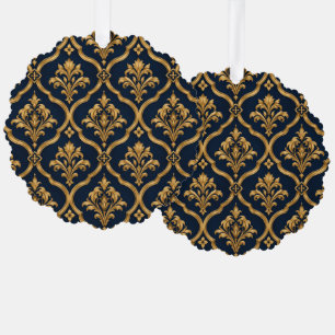Elegant Gold and Navy Damask Vintage Motif Design Ornament Card