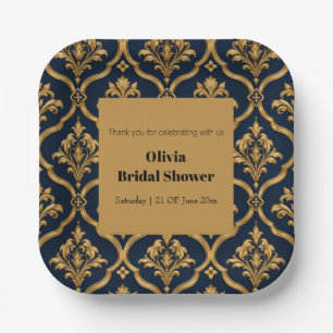 Elegant Gold and Navy Damask Vintage Motif Design Paper Plates
