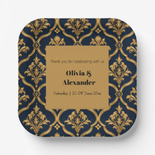 Elegant Gold and Navy Damask Vintage Motif Design Paper Plates