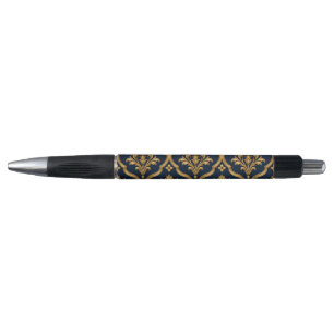 Elegant Gold and Navy Damask Vintage Motif Design Pen