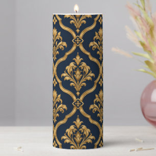 Elegant Gold and Navy Damask Vintage Motif Design Pillar Candle