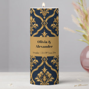 Elegant Gold and Navy Damask Vintage Motif Design Pillar Candle
