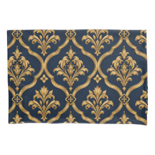 Elegant Gold and Navy Damask Vintage Motif Design Pillow Case