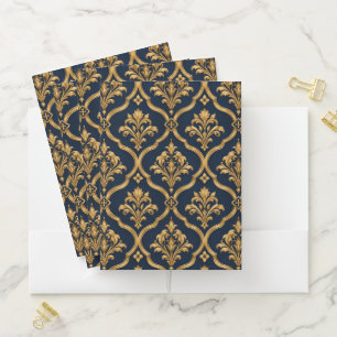 Elegant Gold and Navy Damask Vintage Motif Design Pocket Folder