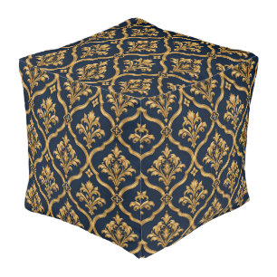 Elegant Gold and Navy Damask Vintage Motif Design Pouf