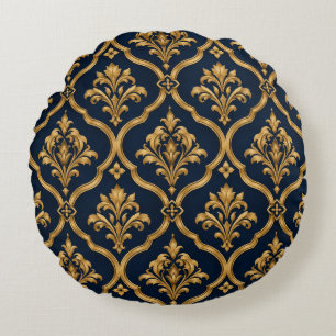 Elegant Gold and Navy Damask Vintage Motif Design Round Pillow