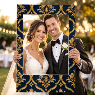 Elegant Gold and Navy Damask Vintage Motif Design Selfie Frame