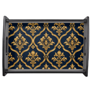 Elegant Gold and Navy Damask Vintage Motif Design Serving Tray