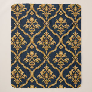 Elegant Gold and Navy Damask Vintage Motif Design Sherpa Blanket