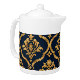 Elegant Gold and Navy Damask Vintage Motif Design Teapot