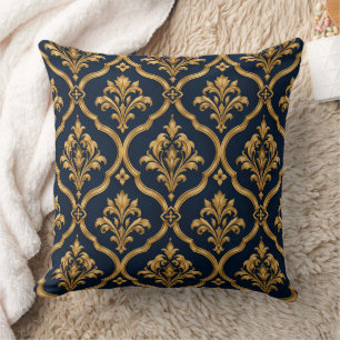 Elegant Gold and Navy Damask Vintage Motif Design Throw Pillow