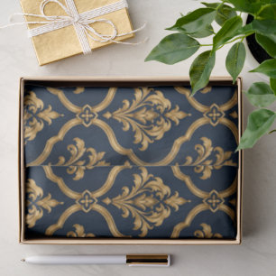 Elegant Gold and Navy Damask Vintage Motif Design Tissue Paper
