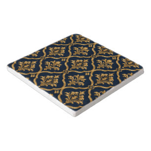 Elegant Gold and Navy Damask Vintage Motif Design Trivet