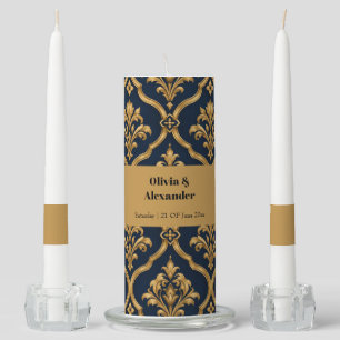 Elegant Gold and Navy Damask Vintage Motif Design Unity Candle Set