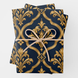 Elegant Gold and Navy Damask Vintage Motif Design Wrapping Paper Sheets