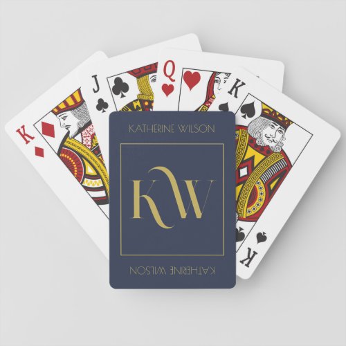 Elegant Gold and Navy Monogram and Name Poker Cards