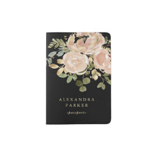 Elegant Gold and Neutral Floral with Black Passport Holder