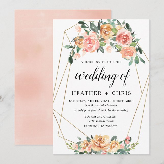 Elegant Gold and Peach Floral Wedding Invitation (Front/Back)