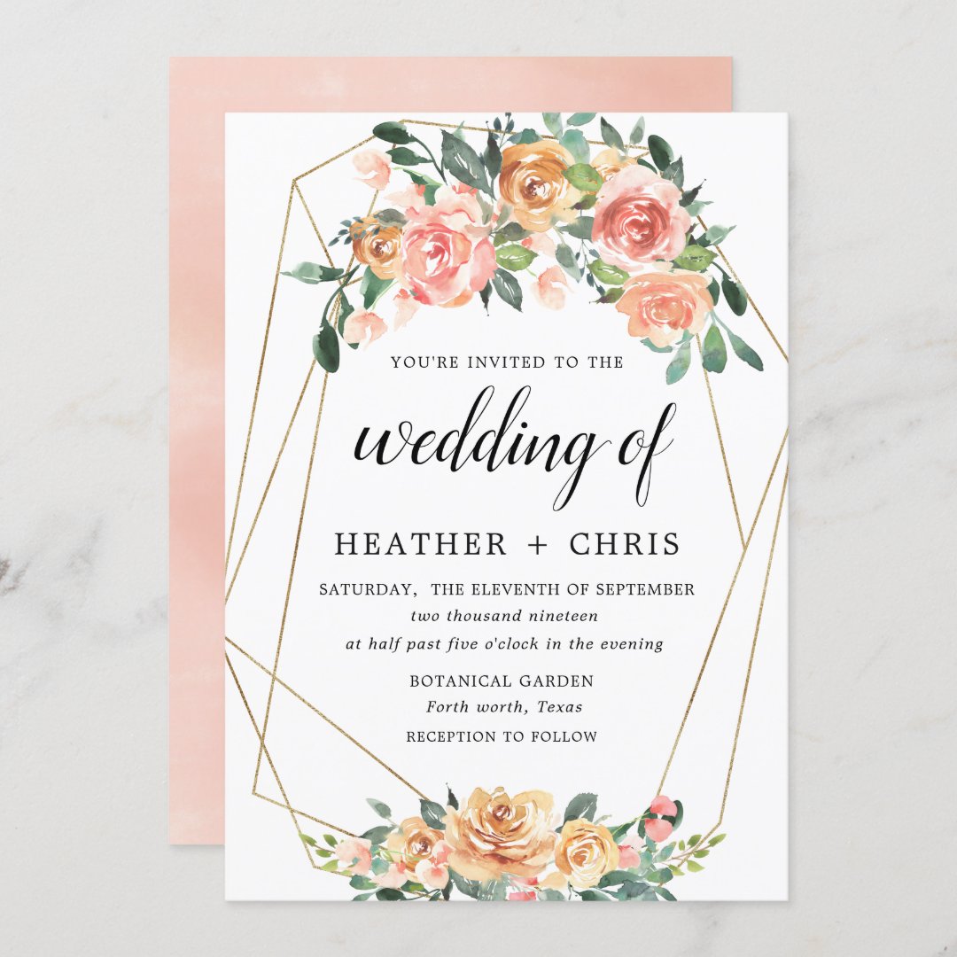 Elegant Gold and Peach Floral Wedding Invitation | Zazzle