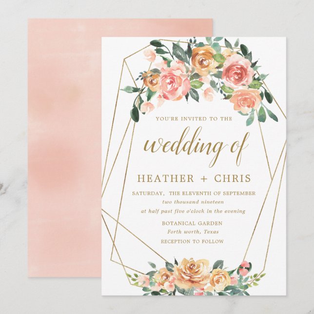 Elegant Gold and Peach Floral Wedding Invitation (Front/Back)