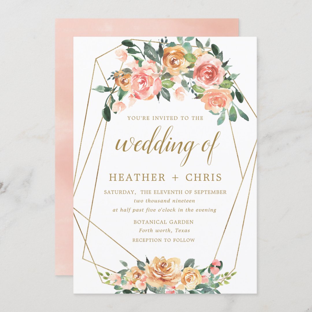 Elegant Gold and Peach Floral Wedding Invitation | Zazzle