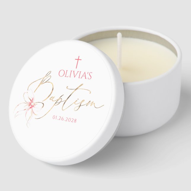Elegant Gold and Pink Bow Girl Baptism Mini Candle Favors (Corner)