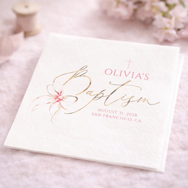 Elegant Gold and Pink Bow Girl Baptism Napkins (Pink Bow Baptism Napkins )