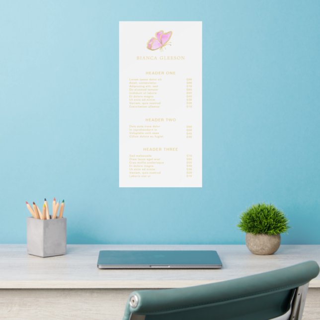 Elegant Gold and Pink Butterfly Salon Price List Wall Decal (Home Office 2)