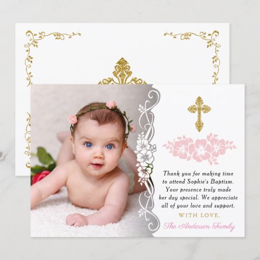 Elegant Gold And Pink Floral Baby Girl Baptism Thank You Card | Zazzle