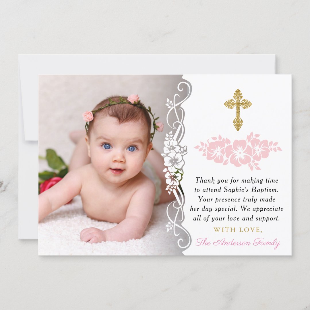 Elegant Gold And Pink Floral Baby Girl Baptism Thank You Card | Zazzle