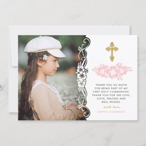 Elegant Gold And Pink Floral First Holy Communion Thank You Card