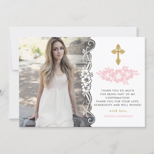 Elegant Gold And Pink Floral Girl Confirmation Thank You Card