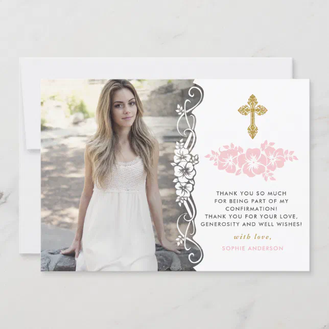 Elegant Gold And Pink Floral Girl Confirmation Thank You Card | Zazzle