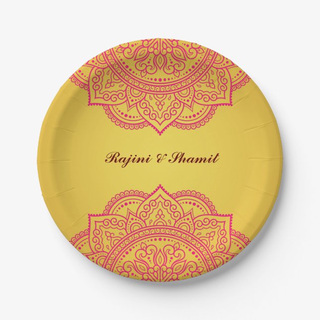Elegant Gold and Pink Mandala Indian Hindu Wedding Paper Plates (Front)