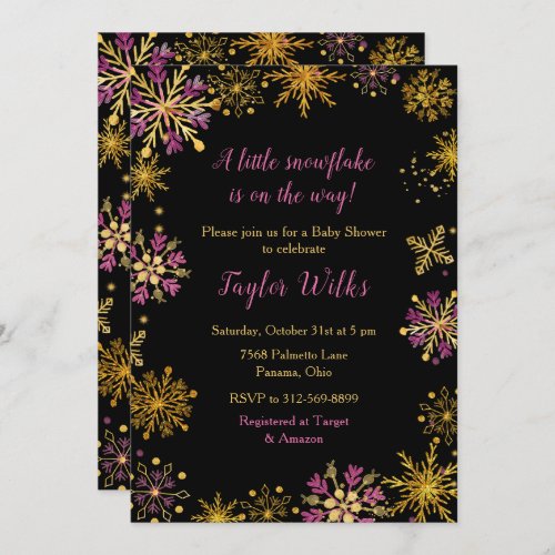 Elegant Gold and Pink Snowflakes Baby Shower Invitation