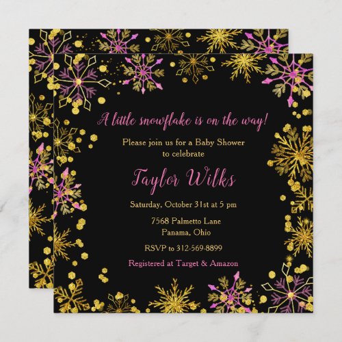 Elegant Gold and Pink Snowflakes Baby Shower Invitation